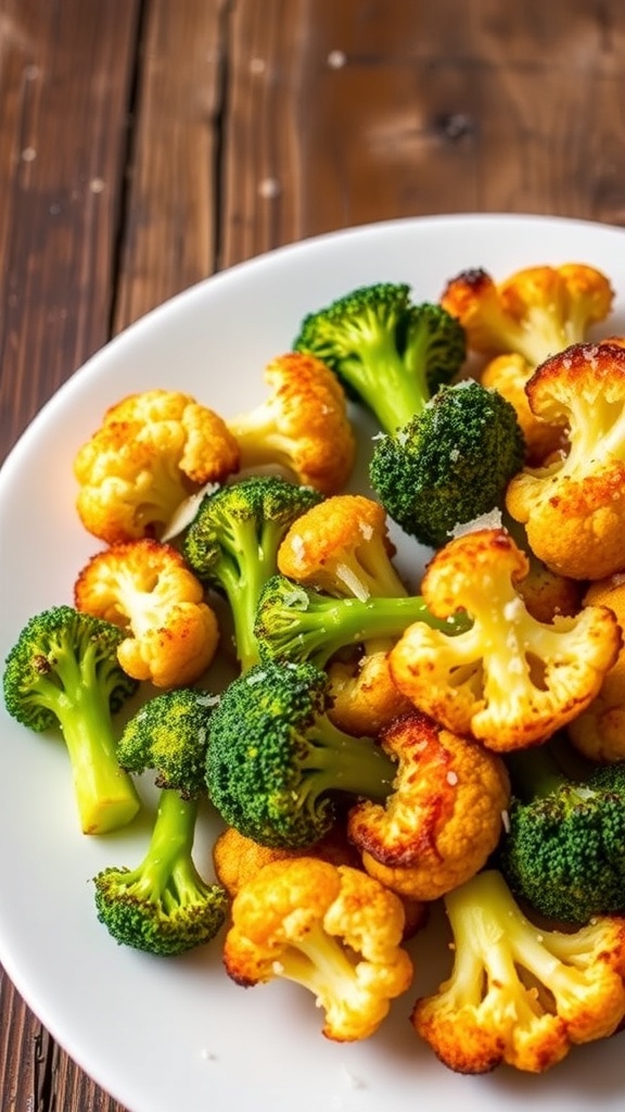Crispy air-fried broccoli and cauliflower garnished with Parmesan cheese on a white plate.